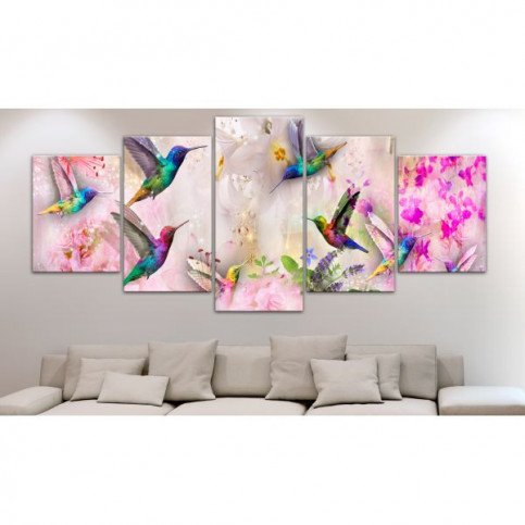 Tableau Colourful Hummingbirds 5 Pièces Wide Pink  | cosy-home-design.fr