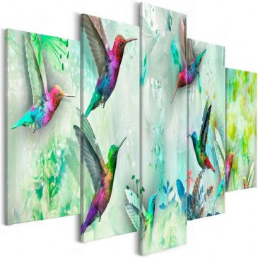 Tableau Colourful Hummingbirds 5 Pièces Wide Green  | cosy-home-design.fr