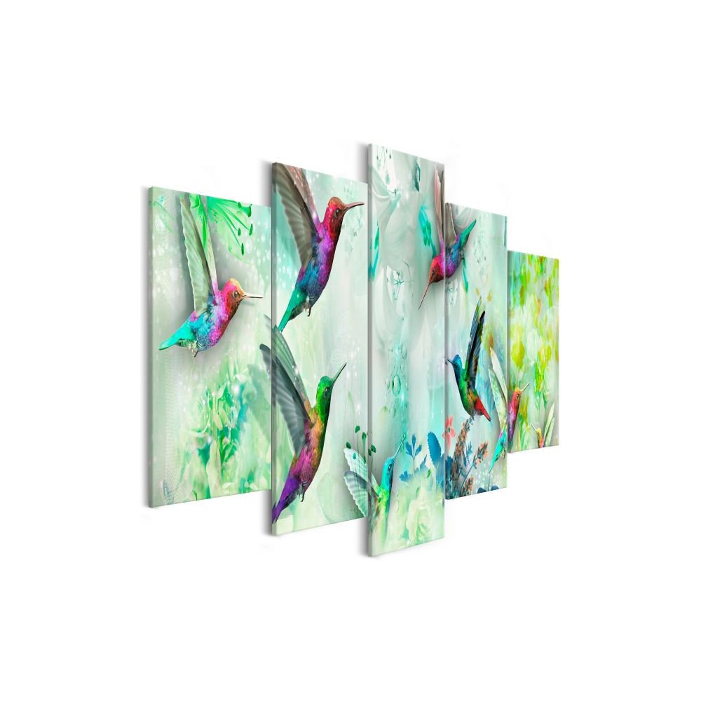 Tableau Colourful Hummingbirds 5 Pièces Wide Green  | cosy-home-design.fr