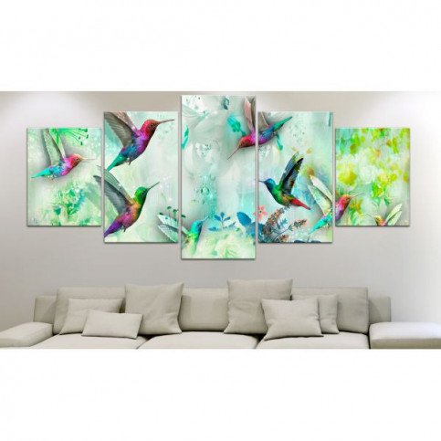 Tableau Colourful Hummingbirds 5 Pièces Wide Green  | cosy-home-design.fr