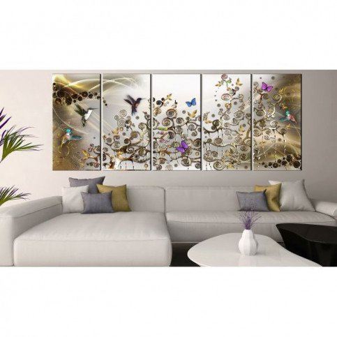 Tableau Hummingbirds Dance 5 Pièces Gold Narrow  | cosy-home-design.fr