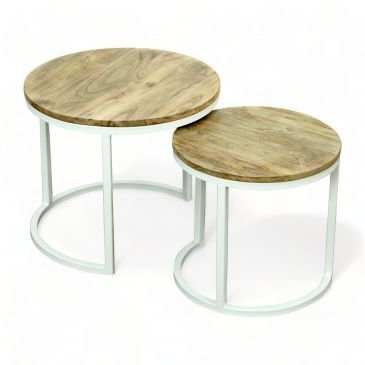 Tables Basses Gigognes Bois de Manguier et Métal Style Moderne Eclipse Blanc