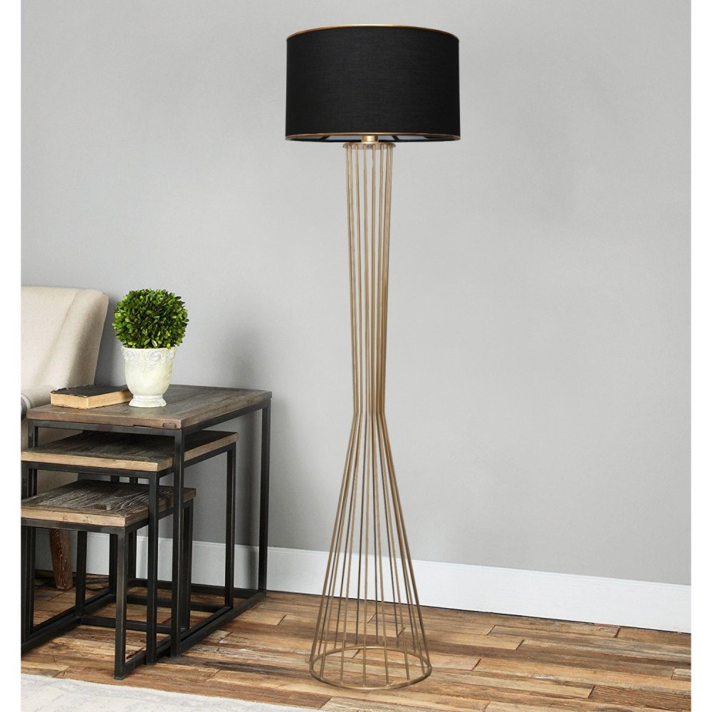 Lampadaire Style Scandinave Métal Noir et Doré Cage 