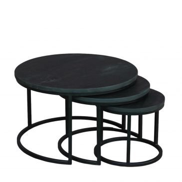 Set de 3 Tables Basses Gigognes Style Industriel Manguier Massif et Métal Noir Eclipse