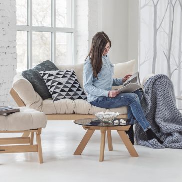 Canapé Style Japandi Bois Massif Naturel et Crème Allegro