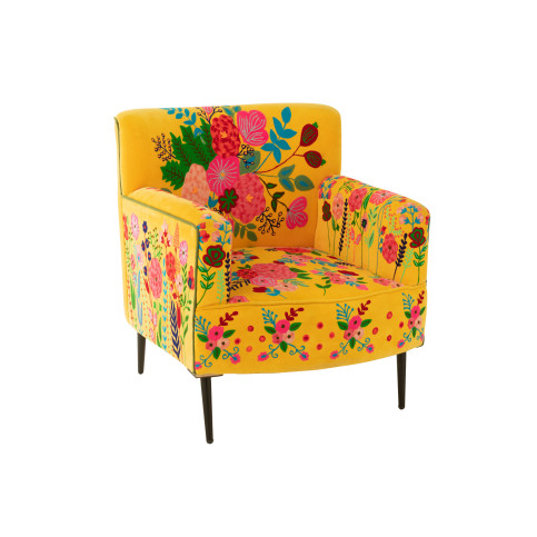 Fauteuil Fleurs Broderie Velours Jaune 
