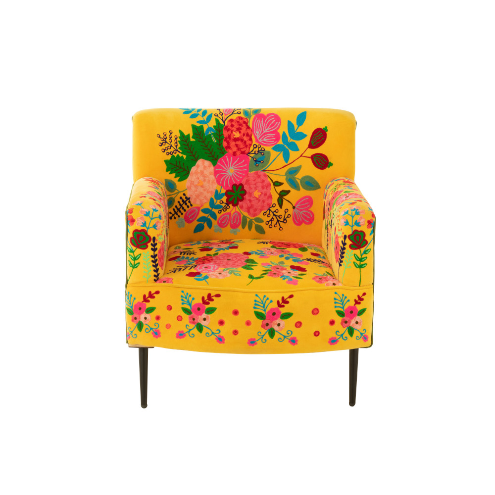 Fauteuil Fleurs Broderie Velours Jaune 