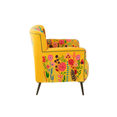Fauteuil Fleurs Broderie Velours Jaune 