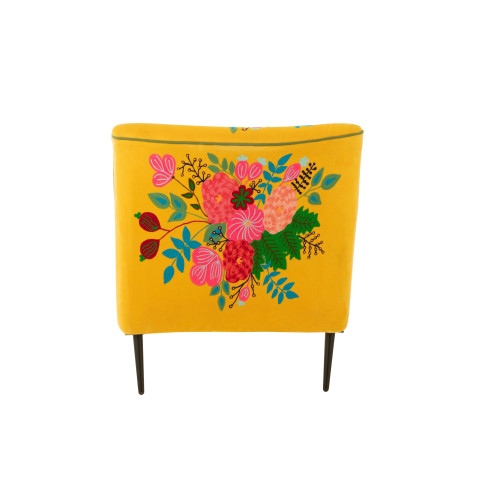 Fauteuil Fleurs Broderie Velours Jaune 