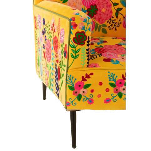 Fauteuil Fleurs Broderie Velours Jaune 