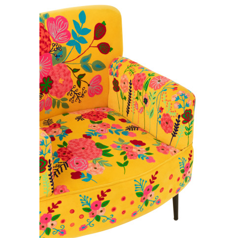 Fauteuil Fleurs Broderie Velours Jaune 