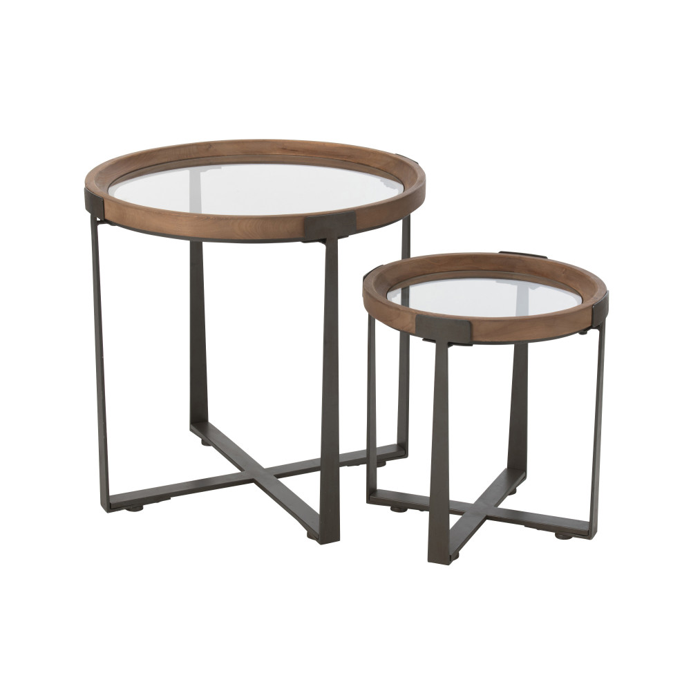 Set de 2 Table Basse Mine Verre/Bois de Sapin Naturel/Noir 
