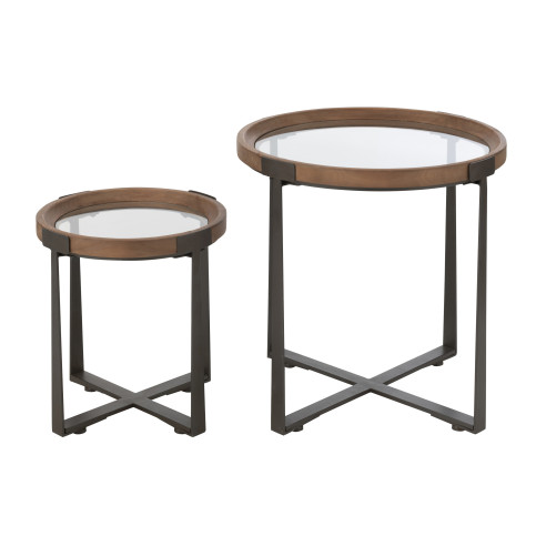 Set de 2 Table Basse Mine Verre/Bois de Sapin Naturel/Noir 