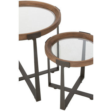 Set de 2 Table Basse Mine Verre/Bois de Sapin Naturel/Noir 