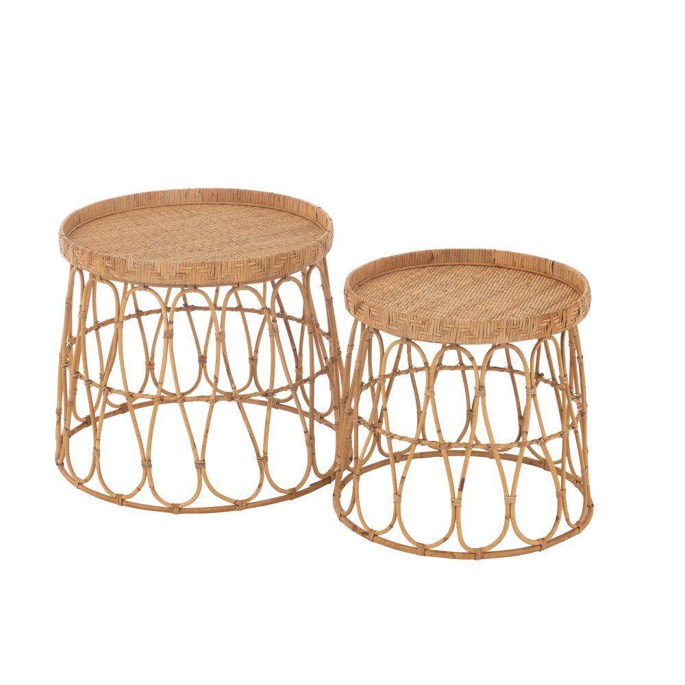 Set de 2 Table Rond Rotin/Contreplaque Naturel 
