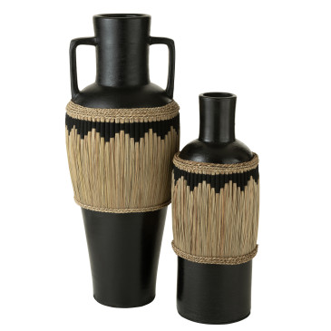 Vase Motifs+Anses Terracota/Herbes Noir/Naturel 