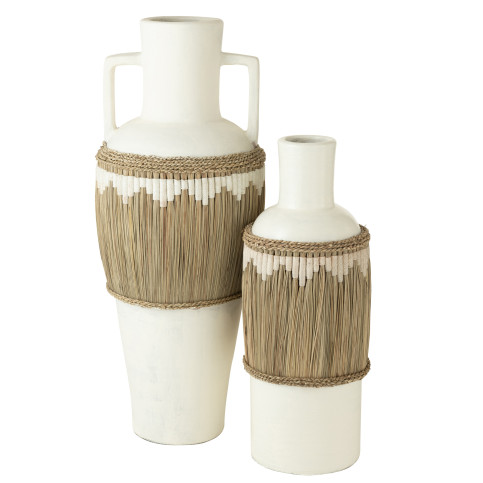 Vase Motifs+Anses Terracota/Herbes Blanc/Naturel 
